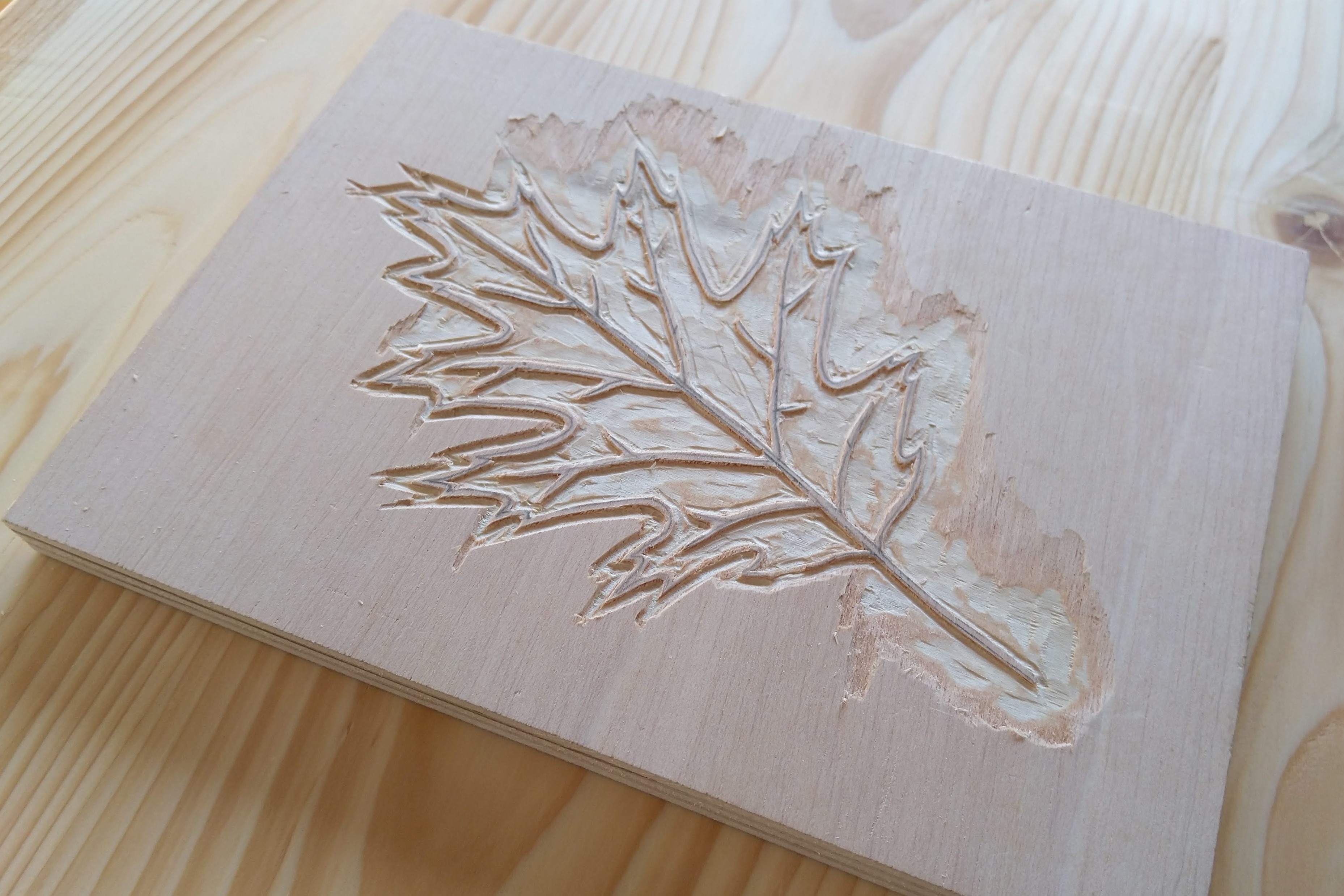 Plywood block leaf woodcut in progress